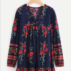 Navy long sleeve botanical print dress tunic